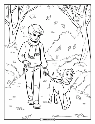 Coloriage douillet pour enfants : Une adolescente en écharpe promène un chien adorable pendant que les feuilles d'automne virevoltent dans l'air