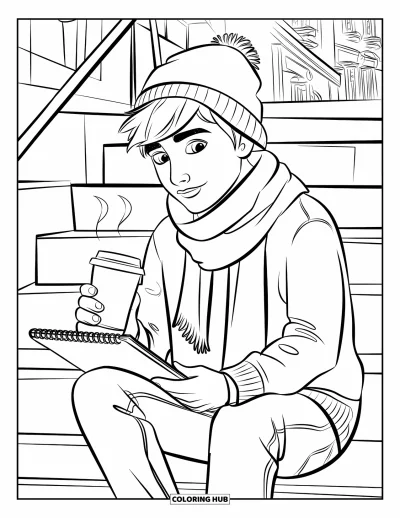 Coloriage douillet pour enfants : Une adolescente pensive dessine et sirote une boisson chaude sur des escaliers avec vue sur la ville