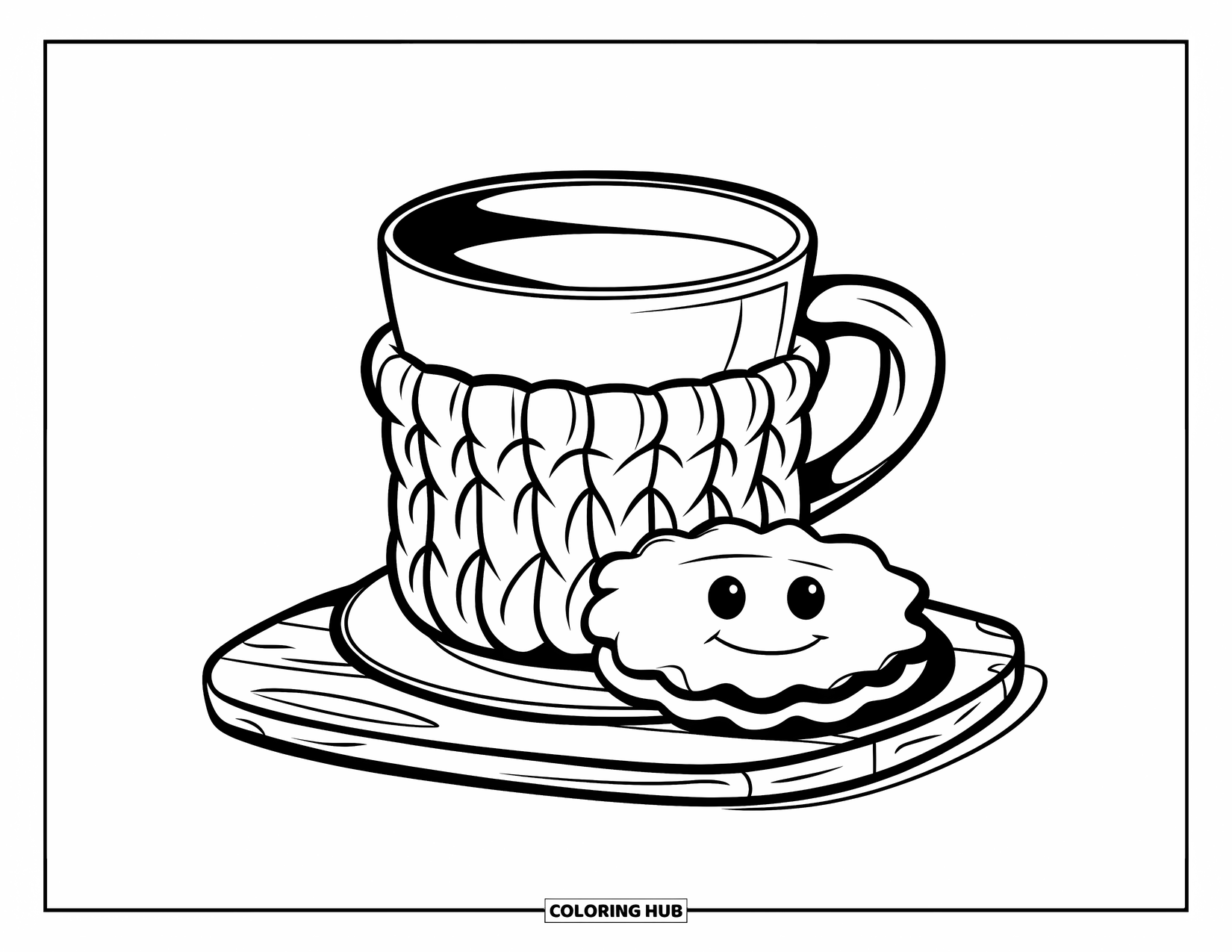Cozy Coloring Page for Kids: A warm drink with a knitted sleeve and biscuit rests on a wooden board