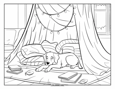 Coloriage douillet pour enfants : Une cabane de couvertures dans le salon avec un golden retriever, des guirlandes lumineuses et des livres à proximité