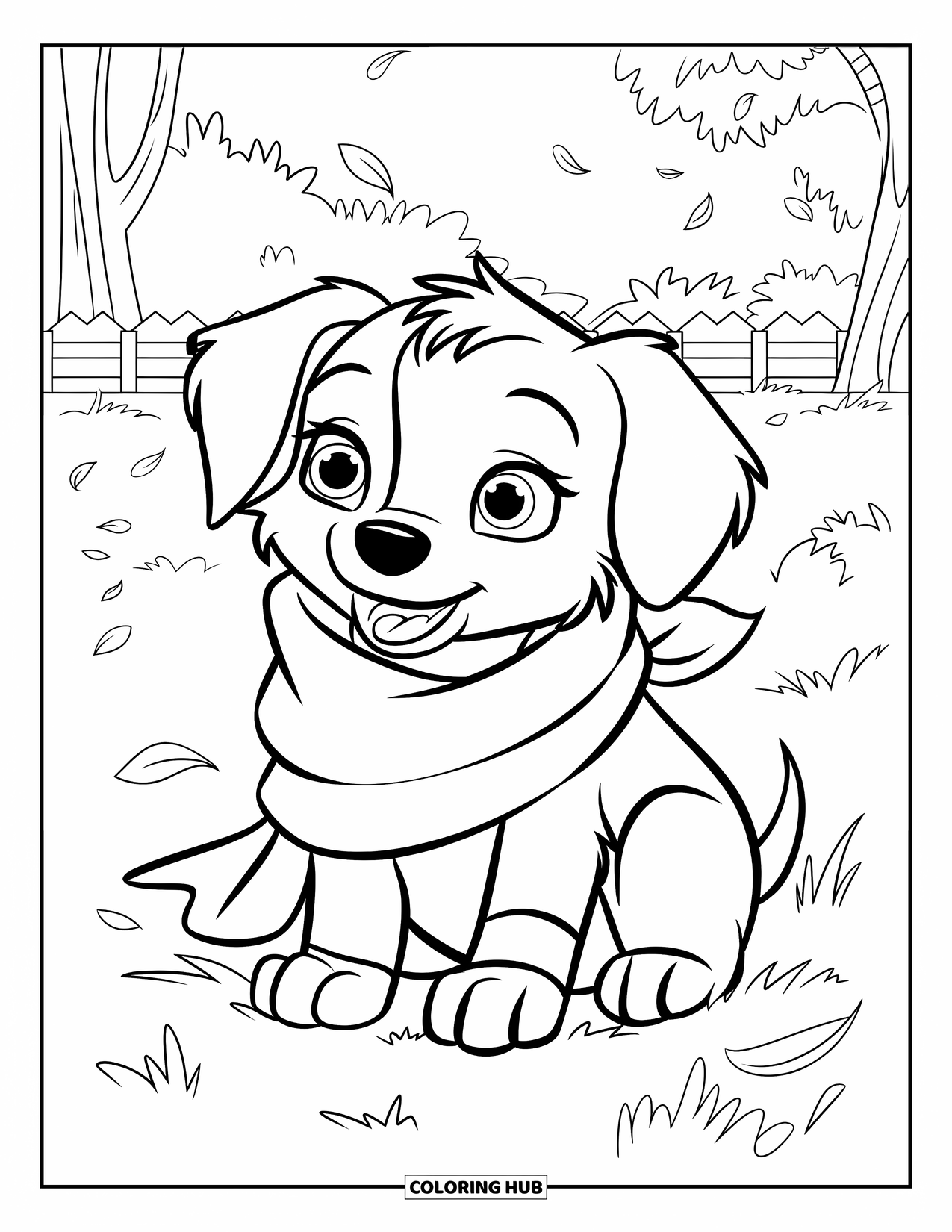 Cozy Coloring Page for Kids: Adorable puppy in a scarf sits in the grass with falling leaves and trees behind