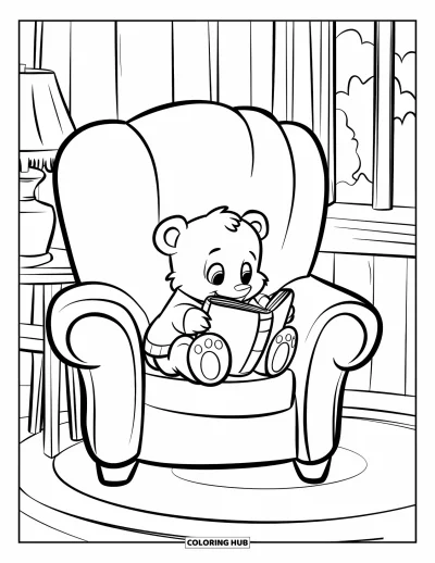 Coloriage douillet pour enfants : Un ourson se blottit avec un livre dans un grand fauteuil près d'une fenêtre et d'une table en bois