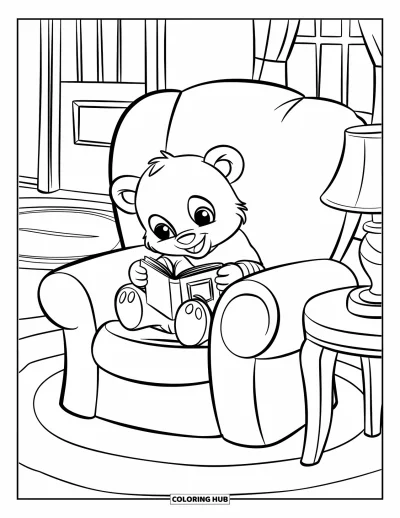 Coloriage douillet pour enfants : Un ourson en pull lit tranquillement dans un fauteuil confortable avec une lampe à portée de main