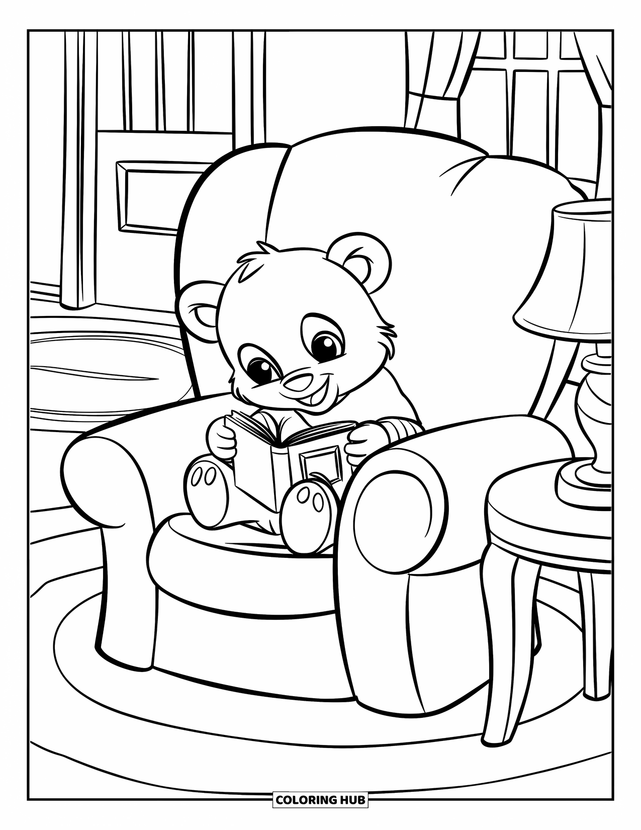 Cozy Coloring Page for Kids: Bear cub in a sweater reads quietly in a cozy chair with a lamp nearby