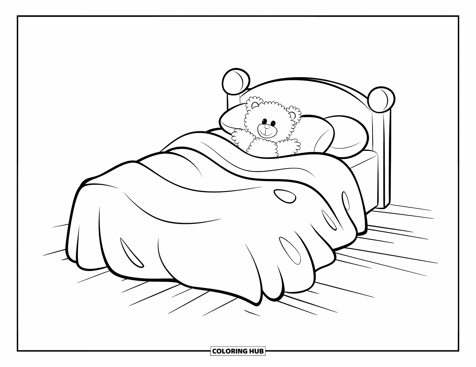 Cozy Coloring Page for Kids: Big bed with a cuddly teddy tucked under the blanket on a wooden floor