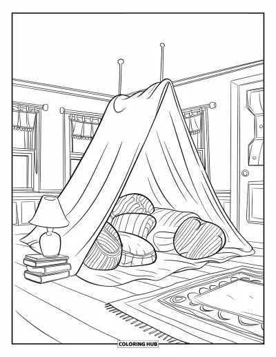 Coloriage douillet pour enfants : Une cabane de couvertures avec des coussins, des livres et une lampe tamisée dans un salon chaleureux et accueillant