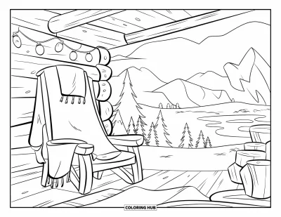 Coloriage douillet pour enfants : Un chalet avec des bûches, des guirlandes lumineuses et un fauteuil drapé d'une couverture près de la fenêtre