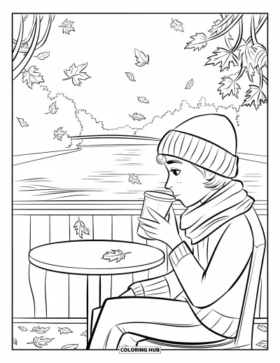 Coloriage douillet pour enfants : Une scène de café avec une adolescente sirotant une boisson chaude tandis que les feuilles tombent près d'une rivière et d'un pont