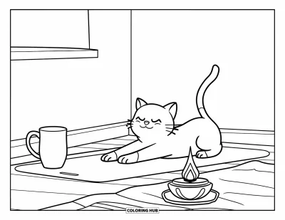 Coloriage douillet pour enfants : Un chat s'étire paisiblement sur un tapis de yoga à côté d'une tasse et d'encens dans un coin tranquille
