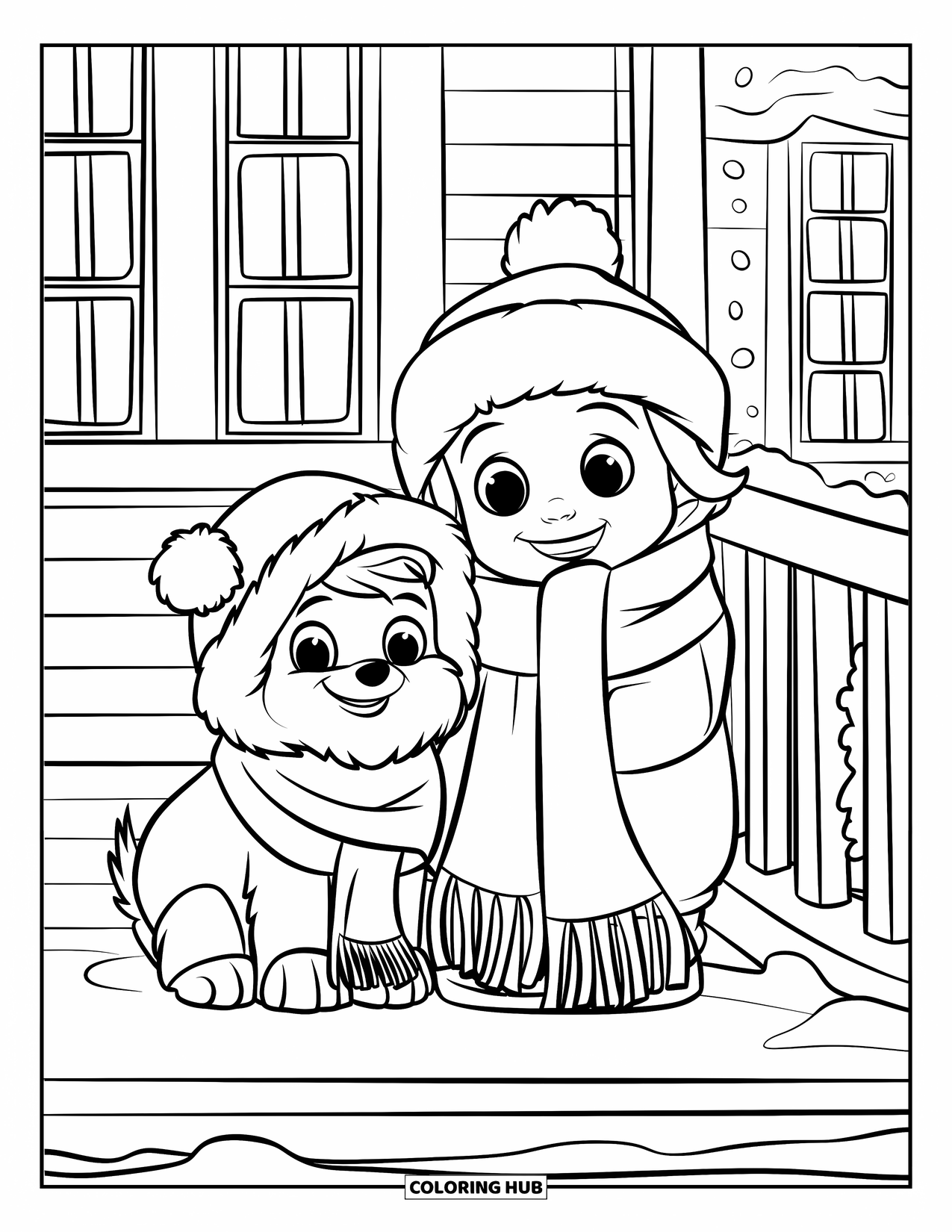Cozy Coloring Page for Kids: Child and dog share a scarf on a snowy porch with trees and a cozy house behind them