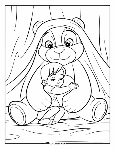 Coloriage douillet pour enfants : Un enfant serre une peluche contre lui sous une couette rayée dans un cadre calme et chaleureux