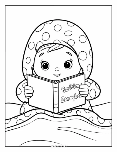 Coloriage douillet pour enfants : Un enfant assis dans son lit avec un livre de contes, un grand pyjama et une atmosphère apaisante d'heure du coucher
