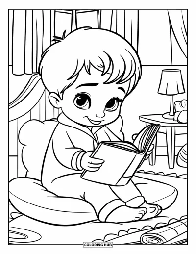 Coloriage douillet pour enfants : Un enfant avec un livre de contes se détend sur un coussin moelleux dans une chambre chaleureuse à l'éclairage tamisé