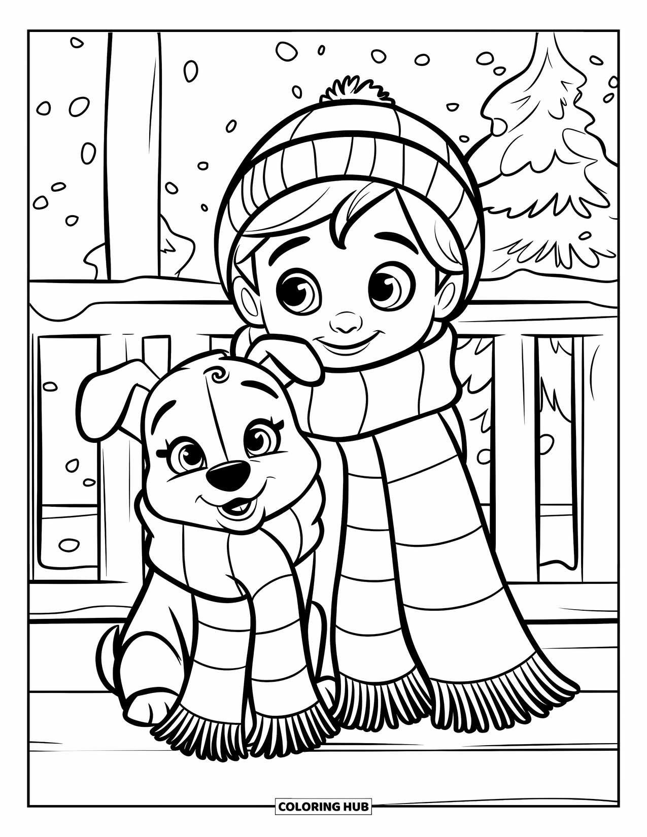 Cozy Coloring Page for Kids: Child with a warm hat and dog cuddle in one scarf on a snow-covered porch