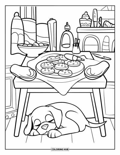 Coloriage douillet pour enfants : Une scène de pâtisserie réconfortante avec des biscuits, des moufles et un chiot endormi sous la table de cuisine