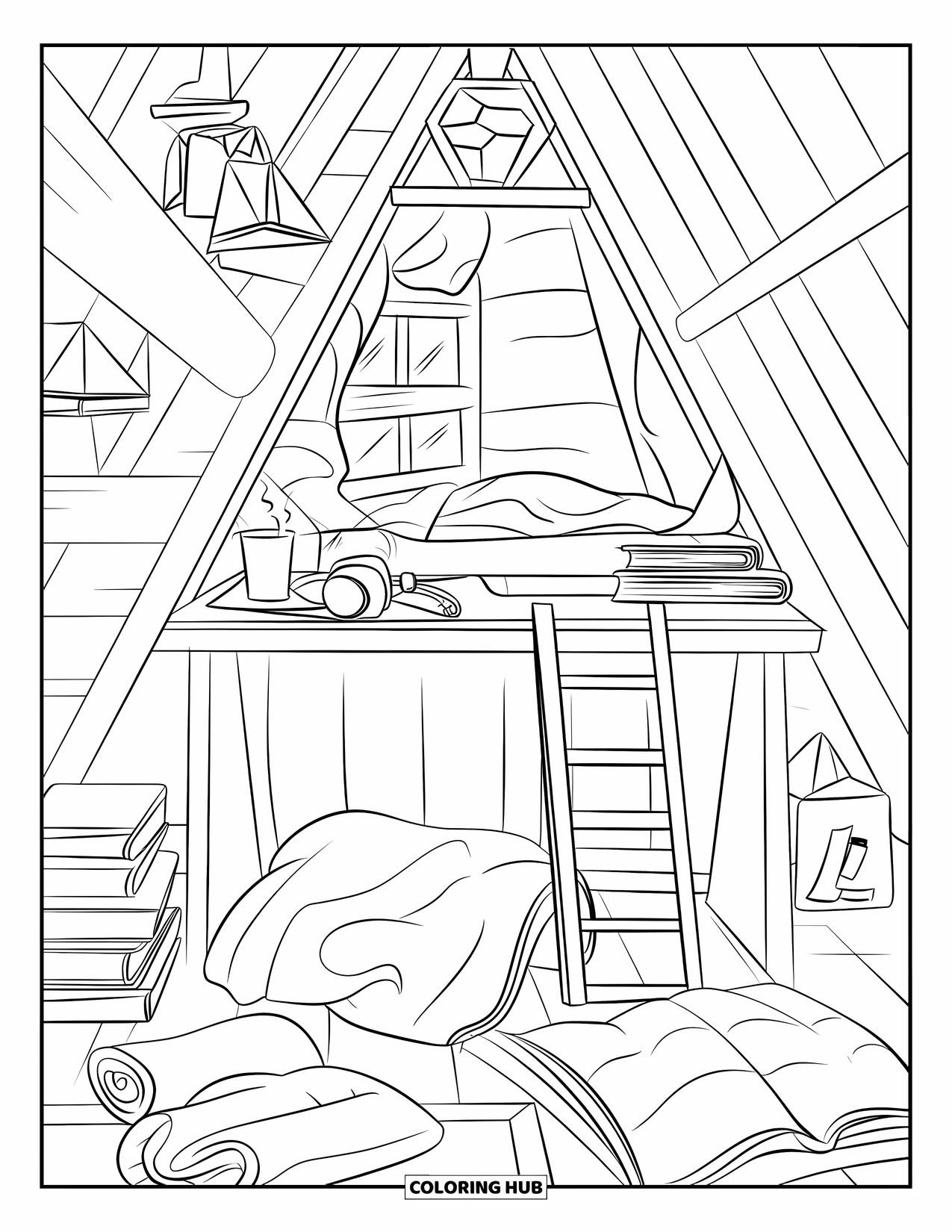 Cozy Coloring Page for Kids: Cozy cabin loft with a warm drink, headphones, books, and a blanket by the desk