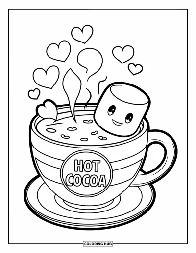 Coloriage douillet pour enfants : Un chocolat chaud avec des cœurs de vapeur, un marshmallow souriant et un autocollant « Hot cocoa »