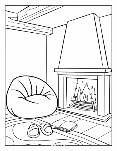 Coloriage douillet pour enfants : Une pièce chaleureuse avec un pouf, une cheminée allumée, un livre et des chaussons sur un tapis moelleux