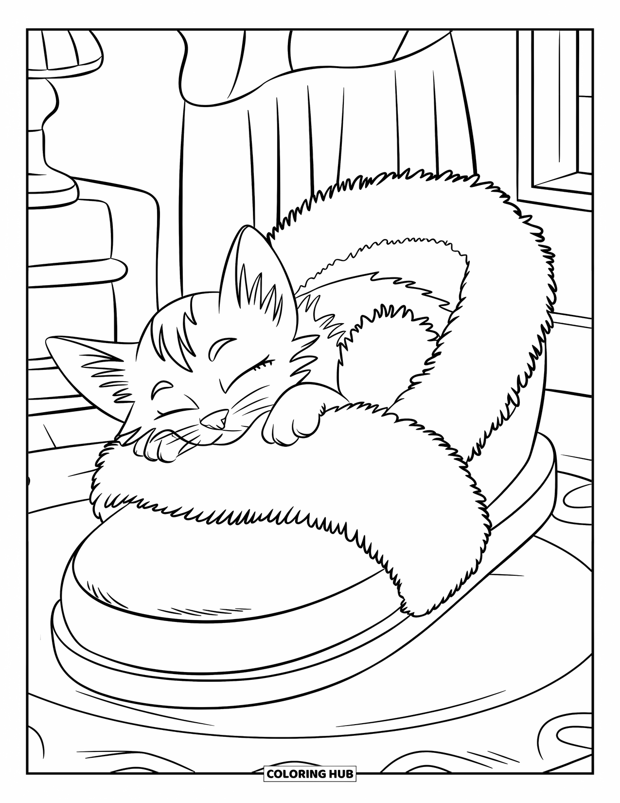 Cozy Coloring Page for Kids: Curled kitten snoozes inside a fluffy slipper in a cozy room with soft lighting