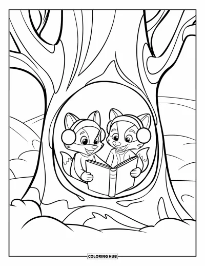 Coloriage douillet pour enfants : Des renards assis dans un arbre enneigé, des cache-oreilles sur la tête, tenant un livre avec des collines paisibles en fond