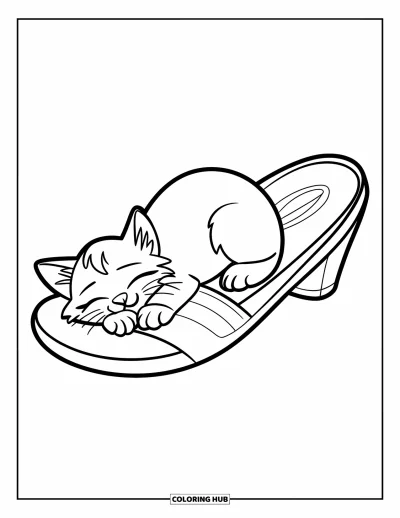 Coloriage douillet pour enfants : Un chaton fait la sieste à l'intérieur d'un grand chausson, lové sur lui-même les yeux fermés