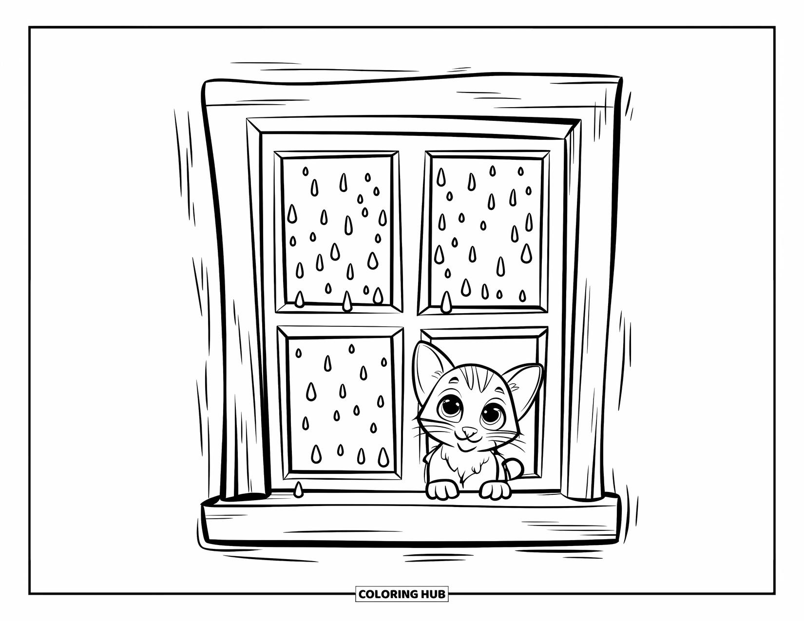 Cozy Coloring Page for Kids: Kitten watches raindrops from a windowsill, wide-eyed and curious