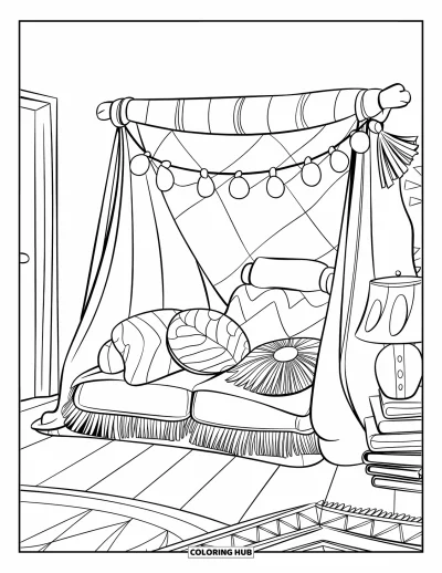 Coloriage douillet pour enfants : Un salon avec une cabane lumineuse de couvertures, des coussins moelleux, une lampe douce et des piles de livres