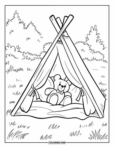 Coloriage douillet pour enfants : Une cabane de coussins et couvertures dans un champ herbeux, avec un ours en peluche qui pointe le bout de son museau