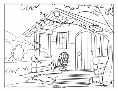 Coloriage douillet pour enfants : Une scène de véranda avec une chaise en bois, des guirlandes lumineuses et une vue sereine sur les arbres et les montagnes
