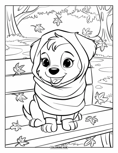 Coloriage douillet pour enfants : Un chiot en écharpe se repose sur un banc avec des feuilles qui tombent et un chemin tranquille derrière lui
