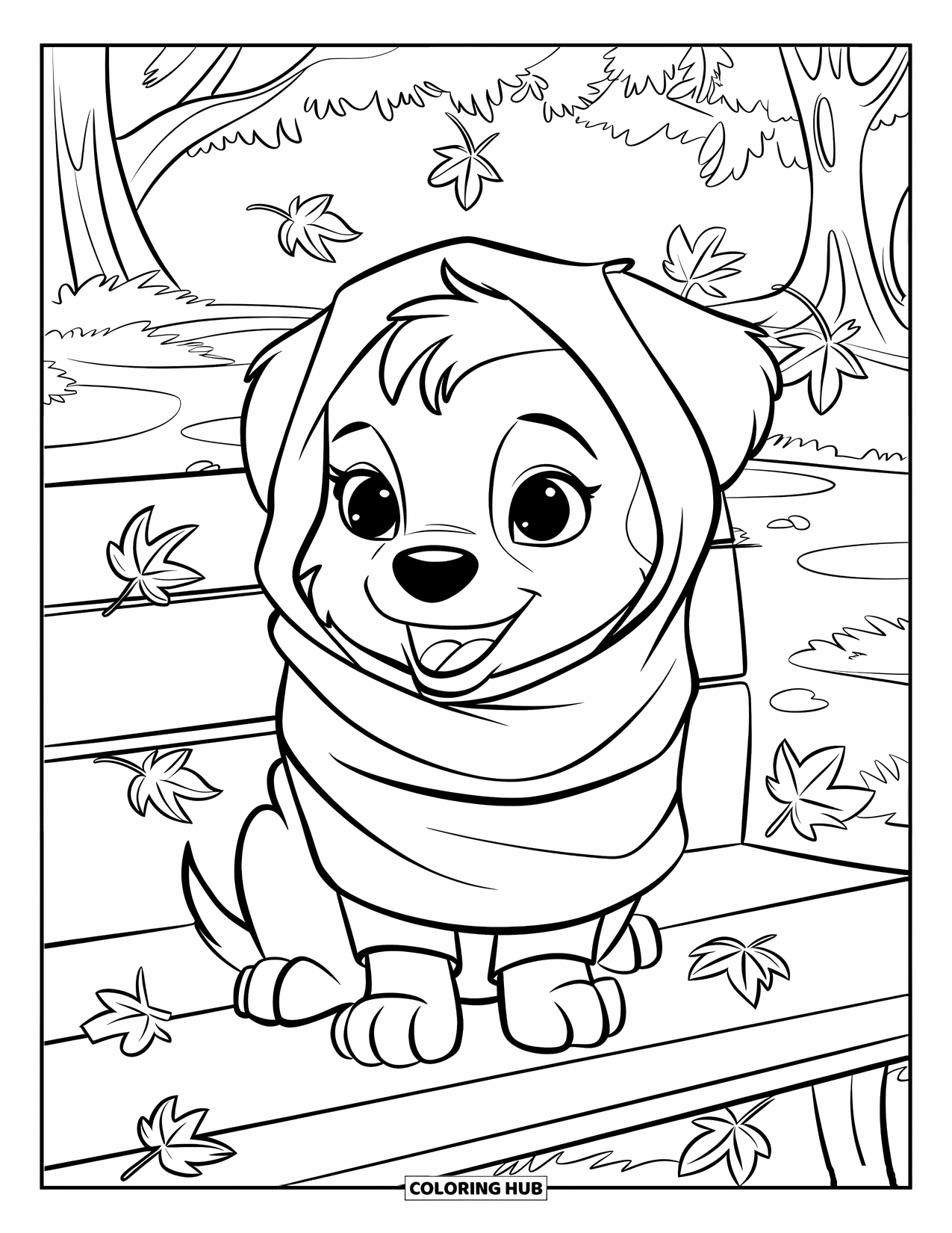 Cozy Coloring Page for Kids: Puppy in a scarf rests on a bench with falling leaves and a quiet path behind
