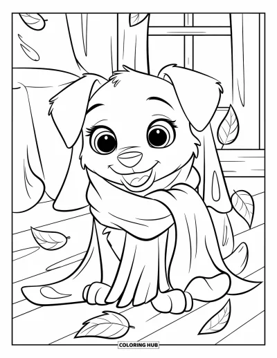 Coloriage douillet pour enfants : Un chiot emmitouflé dans une écharpe assis sur le sol pendant que des feuilles tombent dans une pièce accueillante