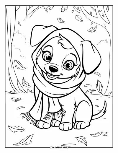 Coloriage douillet pour enfants : Un chiot emmitouflé dans une écharpe assis paisiblement pendant que les feuilles tombent dans un coin serein