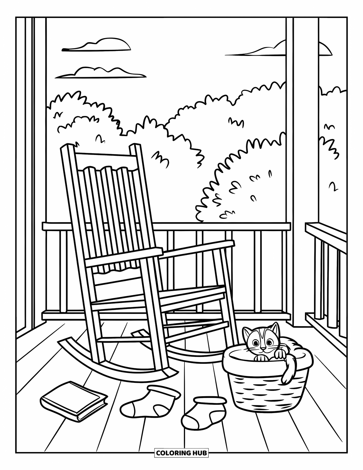 Cozy Coloring Page for Kids: Rocking chair porch view with a book, socks, and a sleepy kitten in a basket
