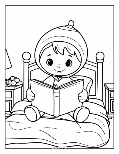 Coloriage douillet pour enfants : Un enfant souriant en pyjama assis sur un lit avec un livre de contes, une lampe et un jouet à côté