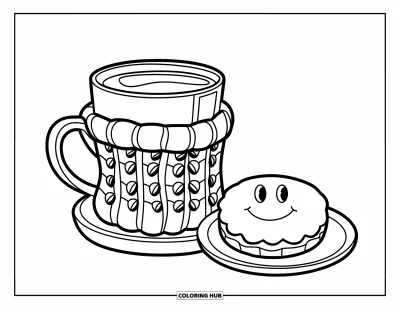 Coloriage douillet pour enfants : Une boisson fumante dans un manchon réconfortant posée à côté d'un biscuit souriant sur une soucoupe en bois