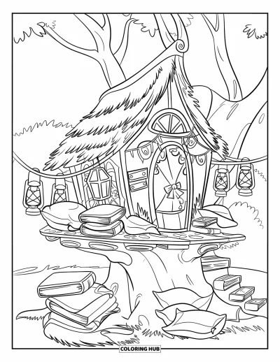 Coloriage douillet pour enfants : Une cabane dans les arbres remplie de livres, avec des coussins et des lanternes, perchée sur un grand tronc d'arbre