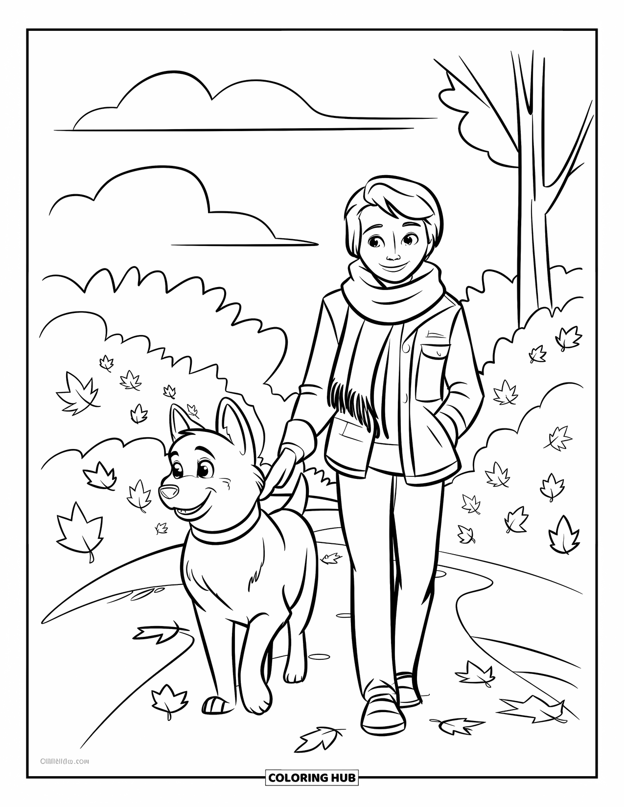 Cozy Coloring Page for Kids: Teen and dog stroll through colorful autumn leaves with clouds drifting above the trees