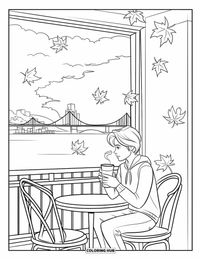 Coloriage douillet pour enfants : Une adolescente savoure une boisson chaude dans un box de café, des feuilles tombant sur fond de panorama urbain