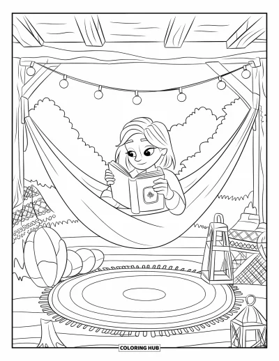 Coloriage douillet pour enfants : Une adolescente lit dans un hamac sous des guirlandes lumineuses, avec une lanterne et de jolis détails en plein air