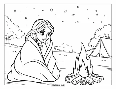 Coloriage douillet pour enfants : Une adolescente aux longs cheveux assise près d'une tente et d'un feu de camp, le regard perdu dans les étoiles