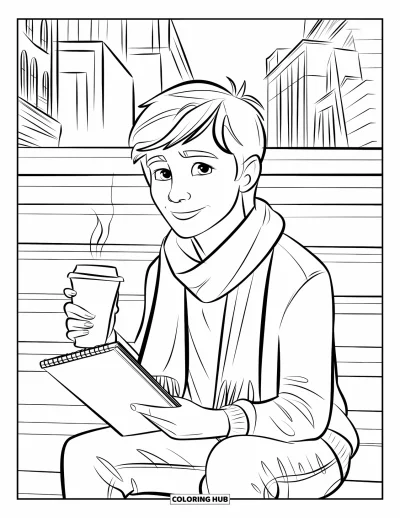 Coloriage douillet pour enfants : Une adolescente avec une écharpe et un carnet de croquis assise sur des escaliers en ville, sirotant une boisson chaude