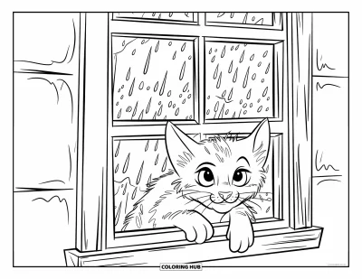 Coloriage douillet pour enfants : Un minuscule chaton pose une patte sur le rebord et regarde calmement la pluie tomber au-dehors