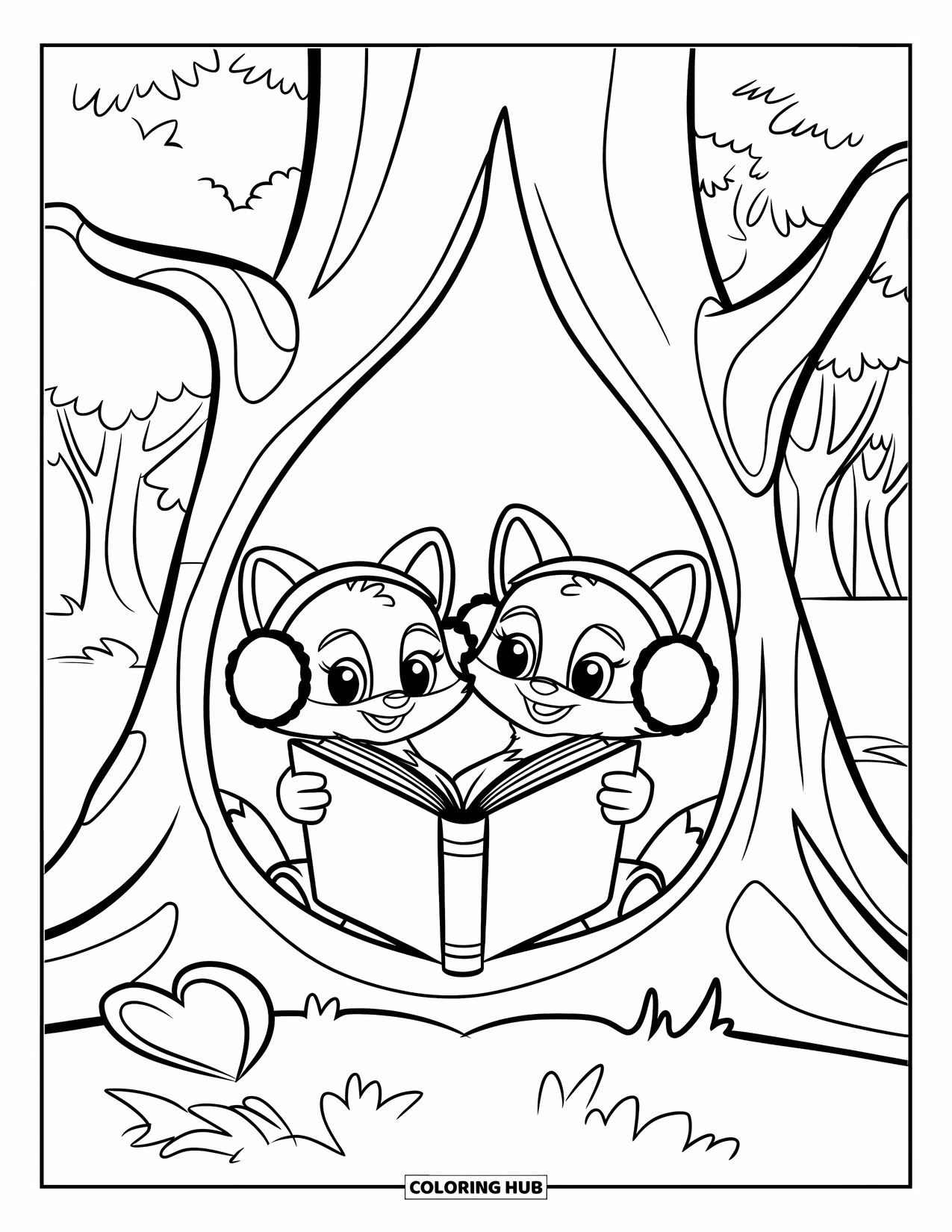Cozy Coloring Page for Kids: Two foxes with a book rest in a hollow tree, with a heart nearby and trees around