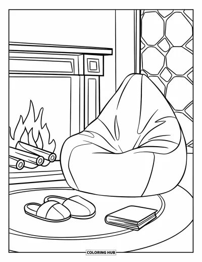 Coloriage douillet pour enfants : Un espace de vie chaleureux avec une cheminée, un pouf moelleux et un livre près de chaussons confortables