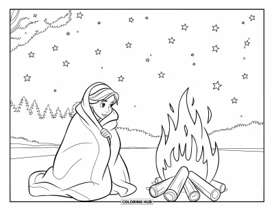 Coloriage douillet pour enfants : Enveloppée dans une couverture, une adolescente contemple les étoiles près d'un feu rougeoyant sous le ciel nocturne