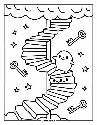 Disegno inquietante e psichedelico da colorare per adulti: Una creatura a forma di blob sale una scala a spirale piena di minuscoli occhi kawaii