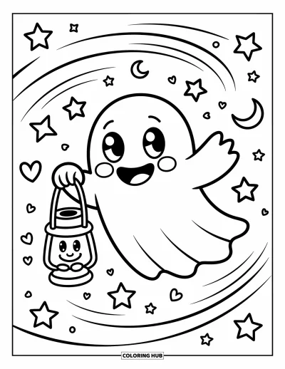 Disegno inquietante e psichedelico da colorare per adulti: Un fantasma allegro fluttua tenendo una lanterna luminosa tra stelle vaganti e foglie a cuore