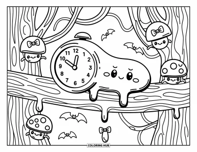 Disegno inquietante e psichedelico da colorare per adulti: Un orologio allegro che si scioglie si allunga su un ramo d'albero con pozioni e funghi fluttuanti