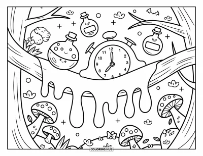 Disegno inquietante e psichedelico da colorare per adulti: Un orologio allegro che si scioglie si allunga pigramente su un ramo con pozioni, funghi e pipistrelli assonnati